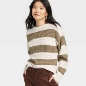 A New Day Striped Knit Crewneck Pullover Sweater - Cream and Green size medium